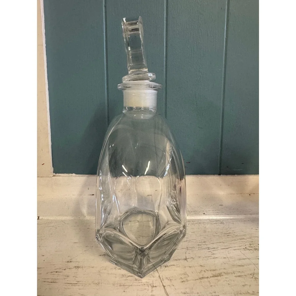 Vintage Art Deco Clear Glass Liquor Decanter with Faceted Stopper Geometric Bar